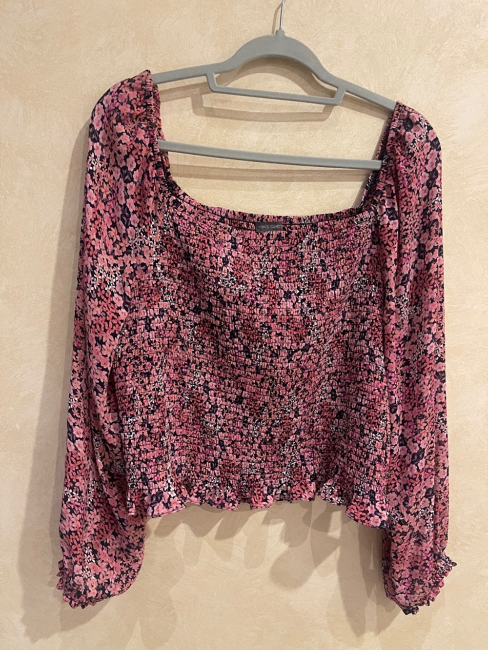 NWT Vince Camuto Pink Floral Smocked Square-Neck Blouse size XL